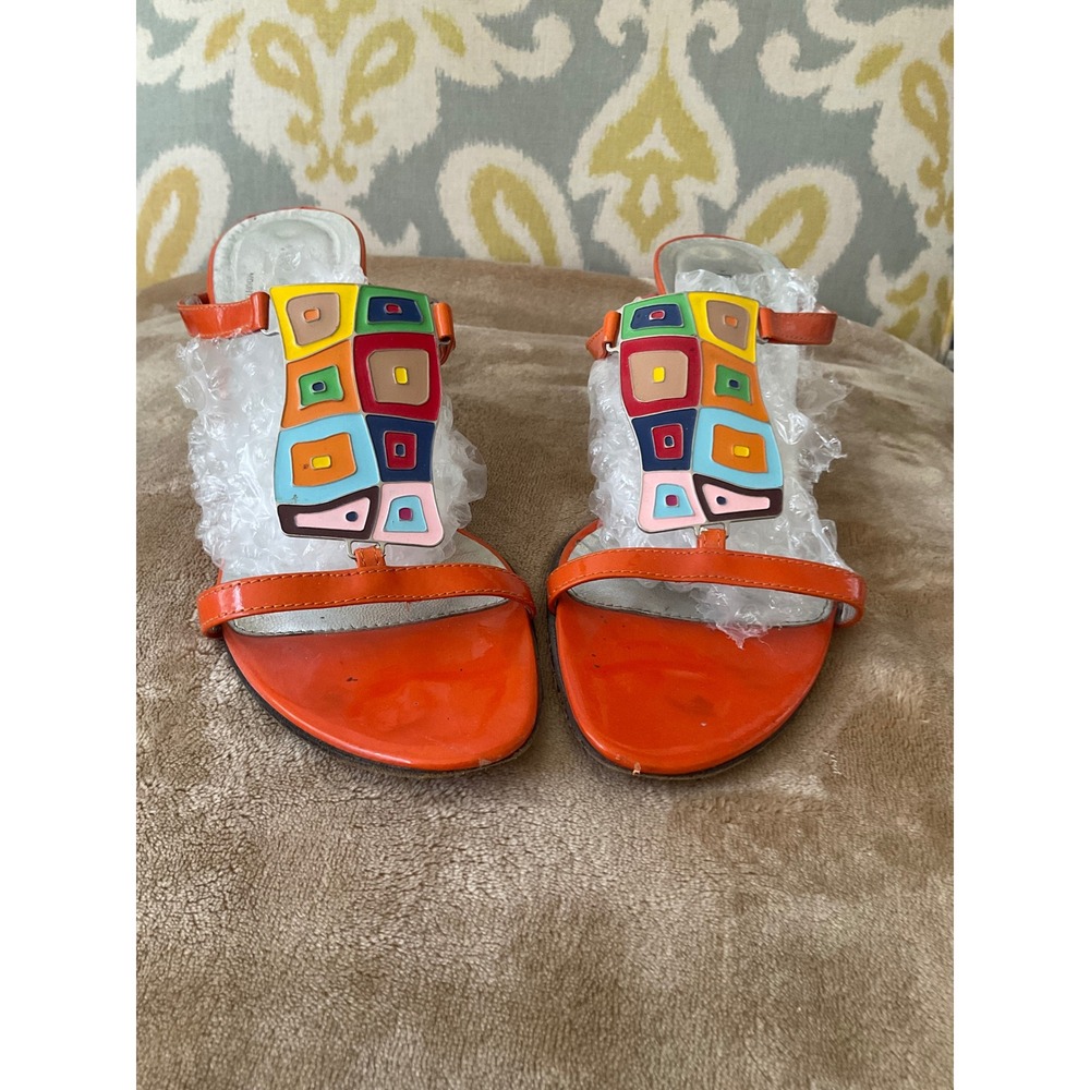Donald J Pline Couture Orange Patent Enamel Shield Sandals Italy 7.5M